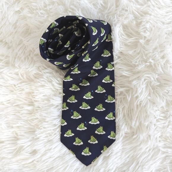 Vintage Men's Alynn Silk Bullfrog Eating Dragonfly Navy Tie - Picture 1 of 5